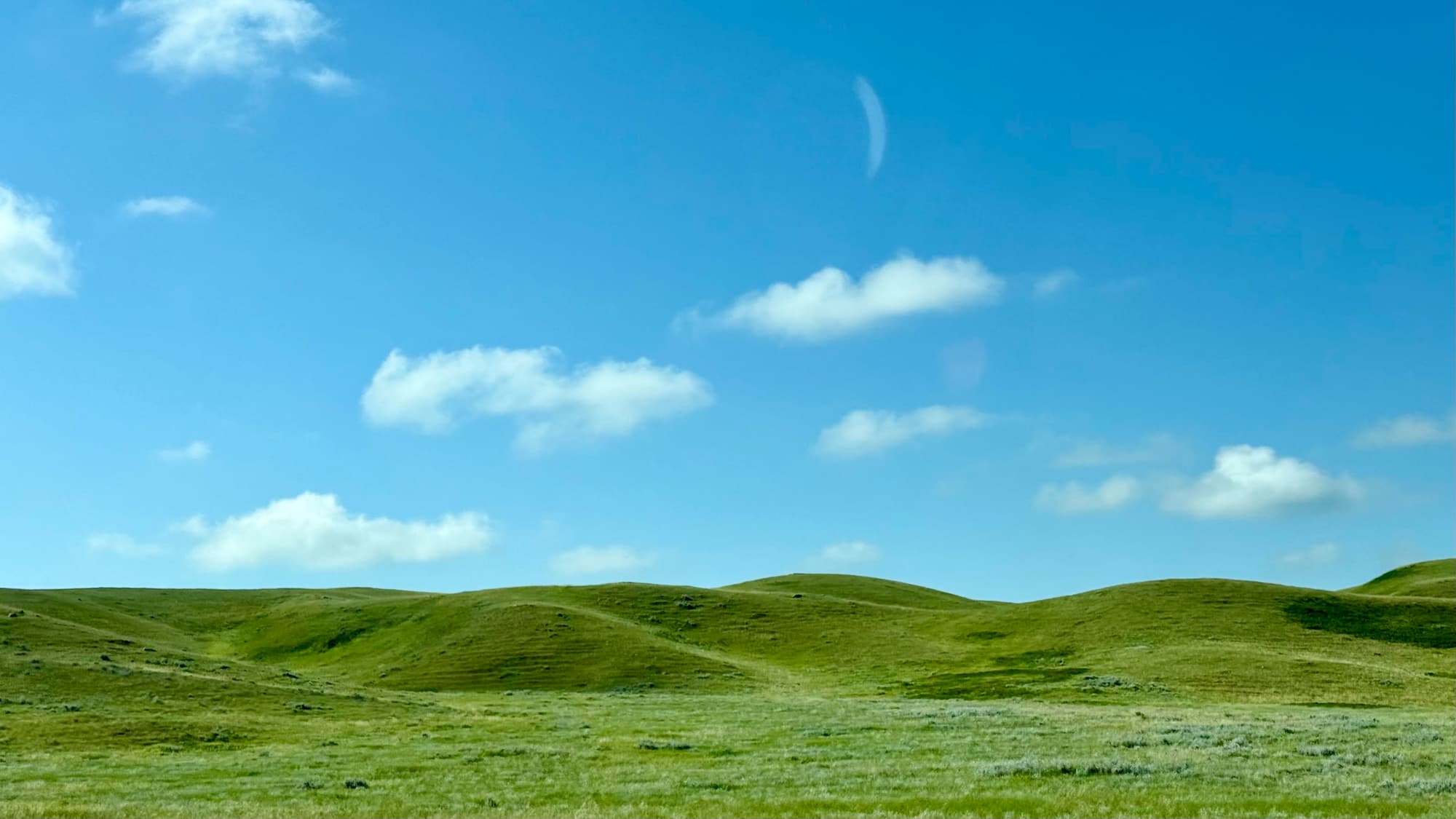 Rolling green hills under a mottled blue sky