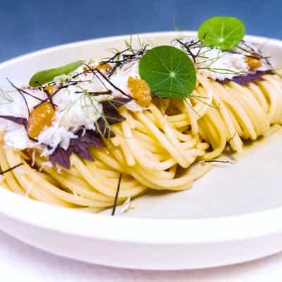 Twirled spaghetti topped with white meat, jagged purple leaves, green leaves and pink dollops in a rimmed plate against a blue background.