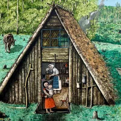 Painting of a rustic steep-roofed wood cabin in a forest clearing with people in traditional dress