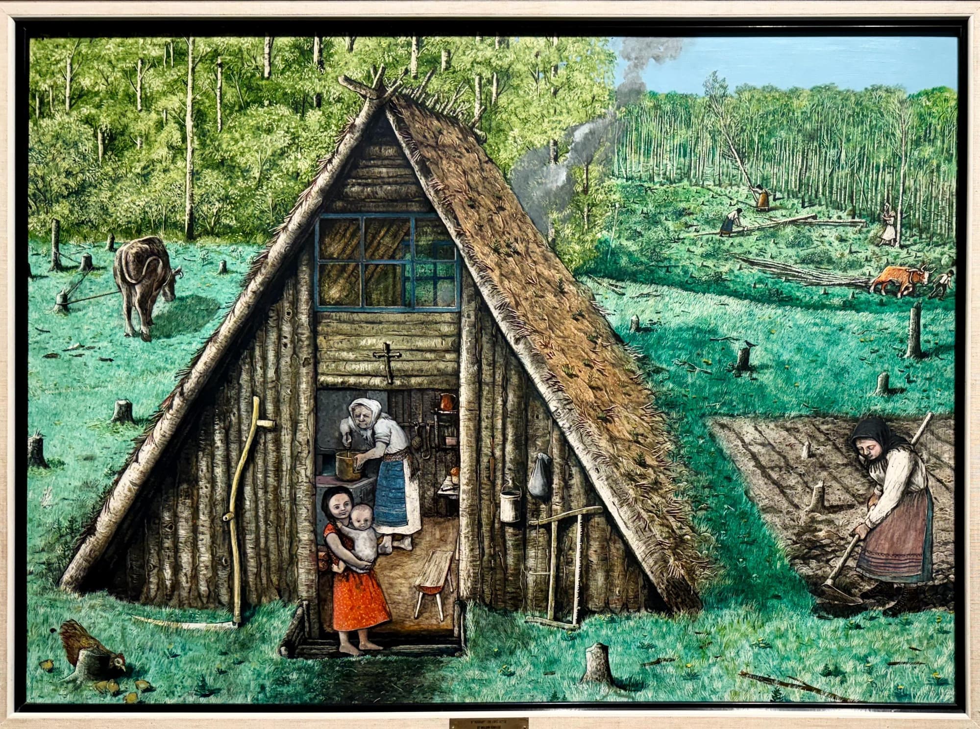 Painting of a rustic steep-roofed wood cabin in a forest clearing with people in traditional dress