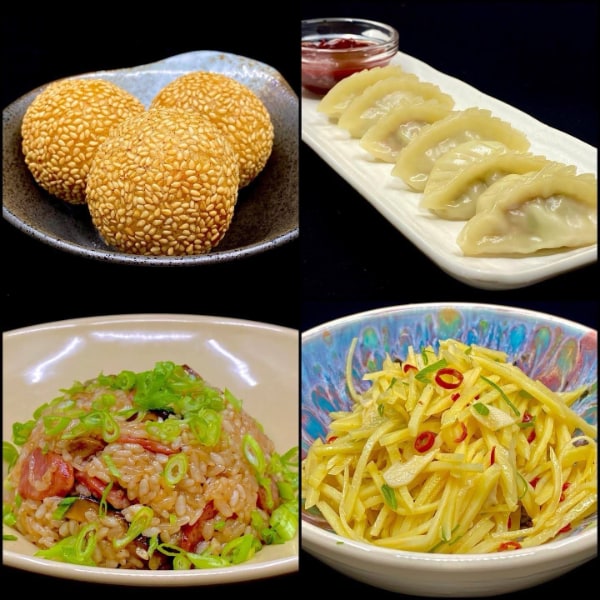 Grid of four dishes on a black background: three sesame-seed encrusted golden spheres, a row of crimped dumplings with red sauce, sausage and mushroom-flecked rice topped with green onion, and thinly-sliced potato topped with chili and garlic