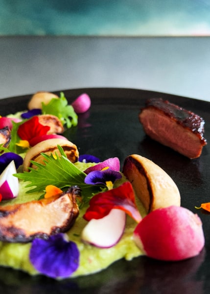 Black plate topped with a salad of mixed brightly-coloured vegetables and flowers in a crescent on the near left edge and a piece of well-cooked meat behind it against a blue background