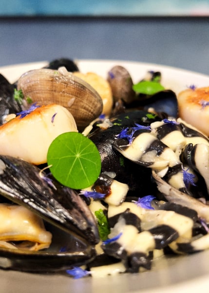 Clams, mussels and scallops on black and white pasta with circular green leaves and small purple flowers against a blue background