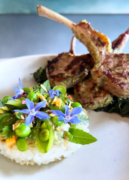 Round rice patty topped with a melange of green vegetables like peas and garlice scapes with purple flowers, in front of a three seared lamb chops against a blue background