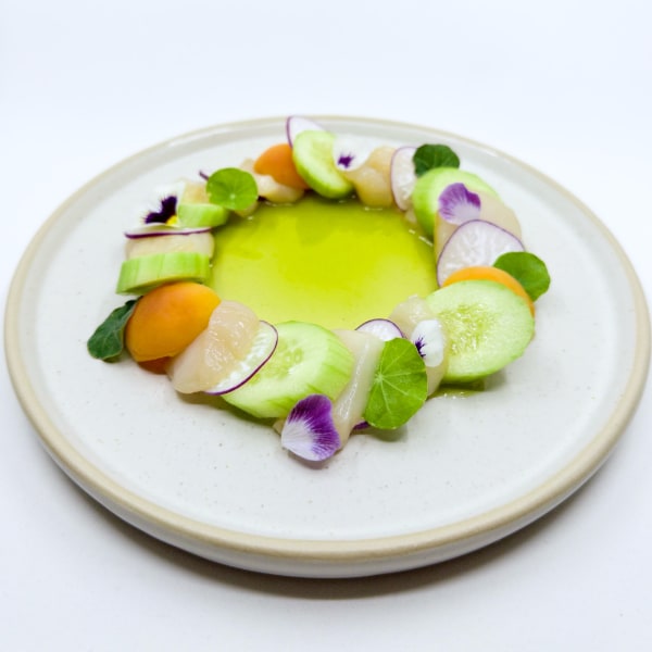 Scallop crudo arranged with cucumber, radish, and stone fruit in a ring with a central green sauce and topped with flowers