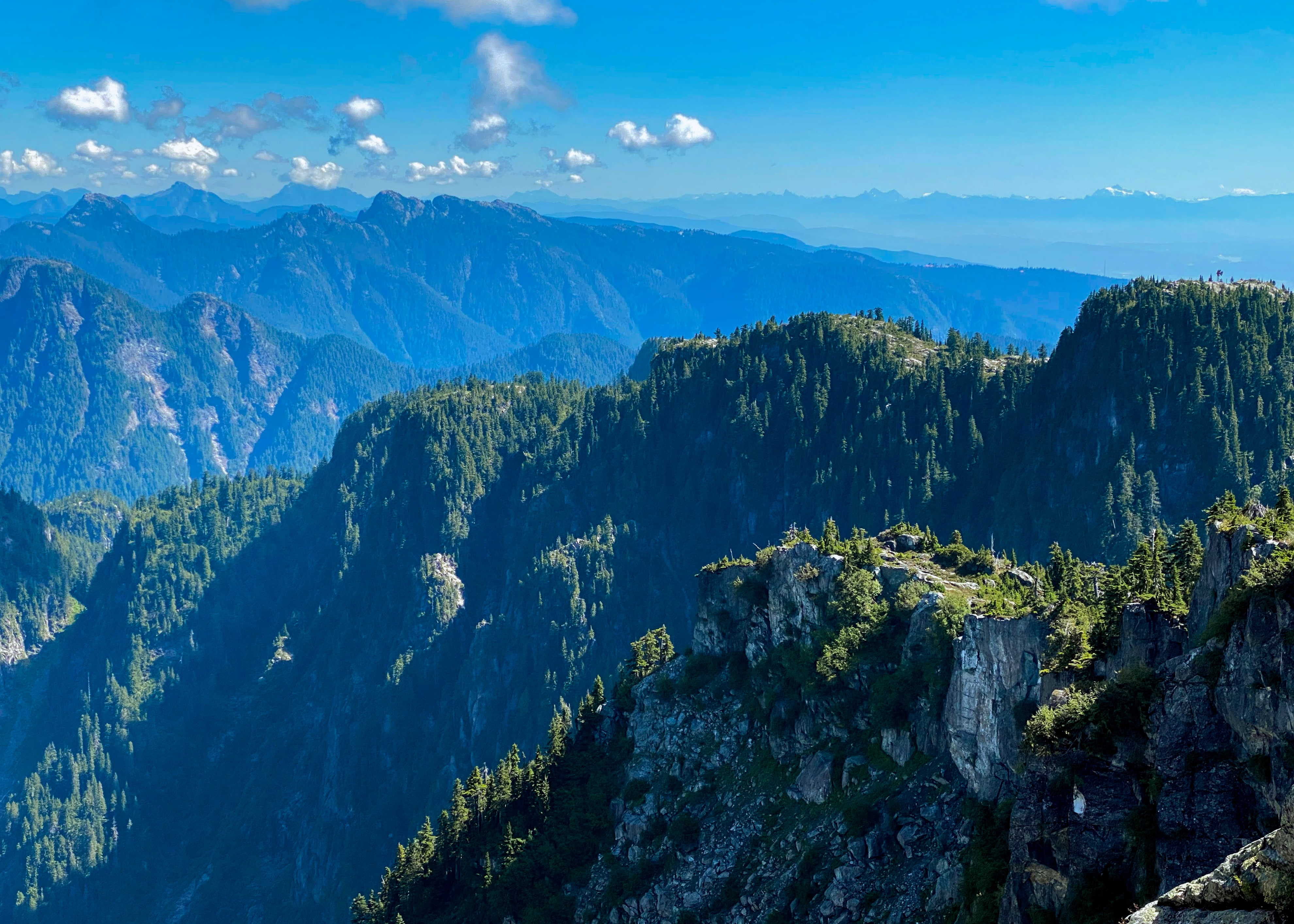 Multiple layered rocky mountain ridges covered in green trees in the foreground, becoming bluer and more faded as they recede due to atmospheric distortion