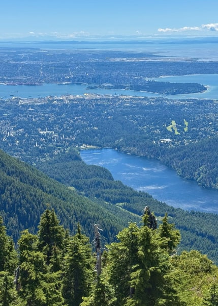 Rock formation and some trees in the foreground bottom, but most of the image is the urban environvment far below with street grids, trees, skyscrapers, ocean, and mountains in the far distance given a blue tint from atmospheric fade