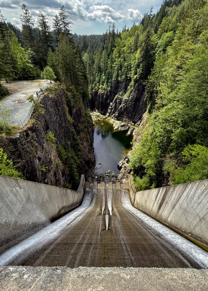 Looking down a spillway draining into a tree-lined river canyon from the top of the dam