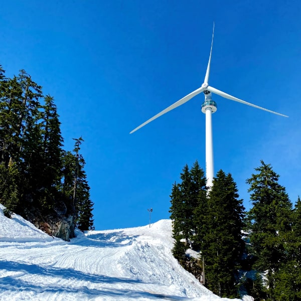 Three-blade wind turbine jutting out of the trees, seen to the right of a snow-covered trail