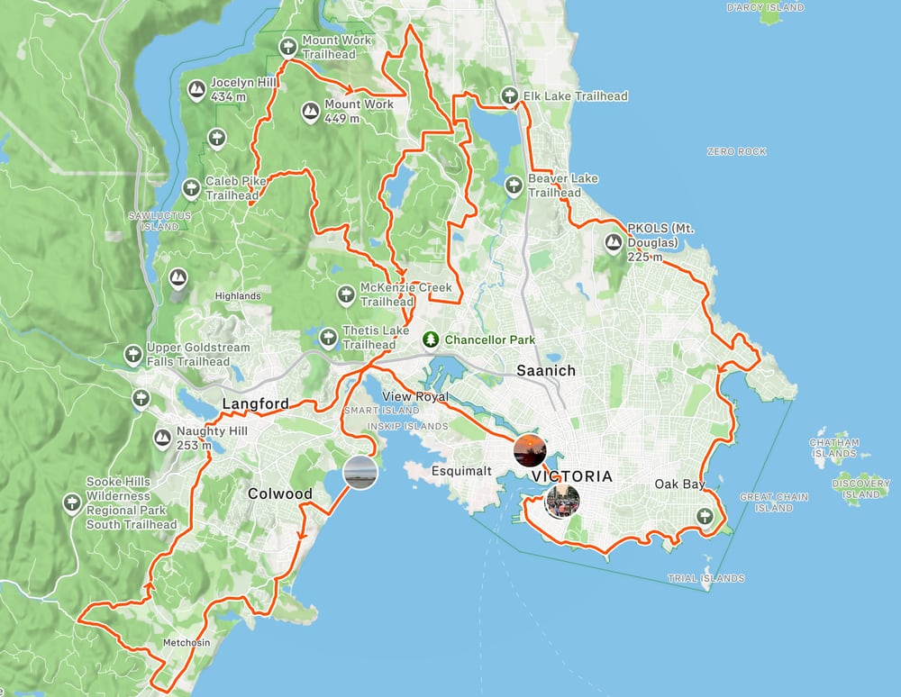Map of the lower Saanich peninsula with the ride route overlaid in red