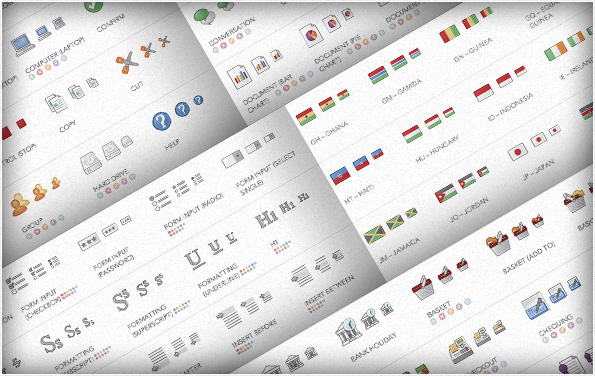 Sheets of 3x5 icon grids overlaying each other at an offset angle