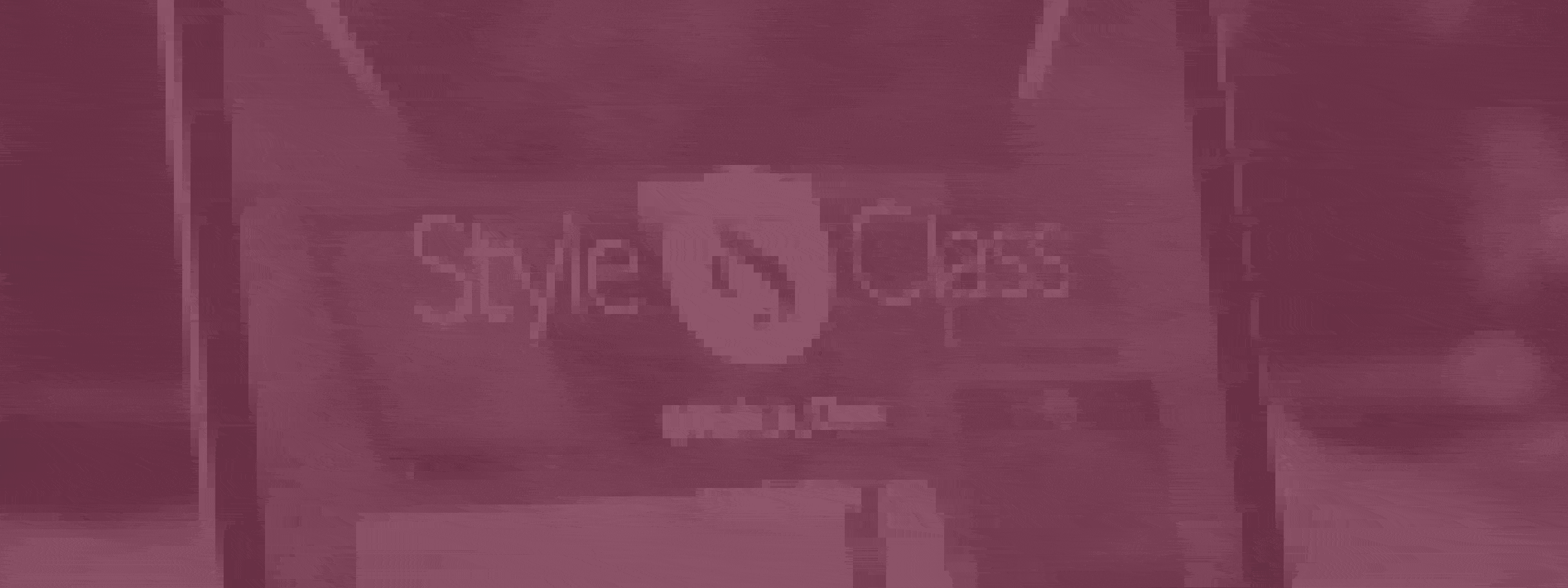 Purple-toned photo of a pixellated laptop screen displaying the Style & Class logo