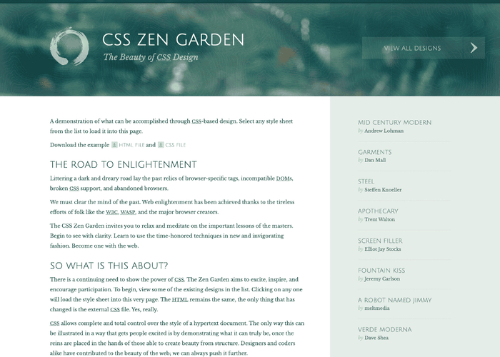 Screenshot of the current default design, a textured green header with two textual columns below.